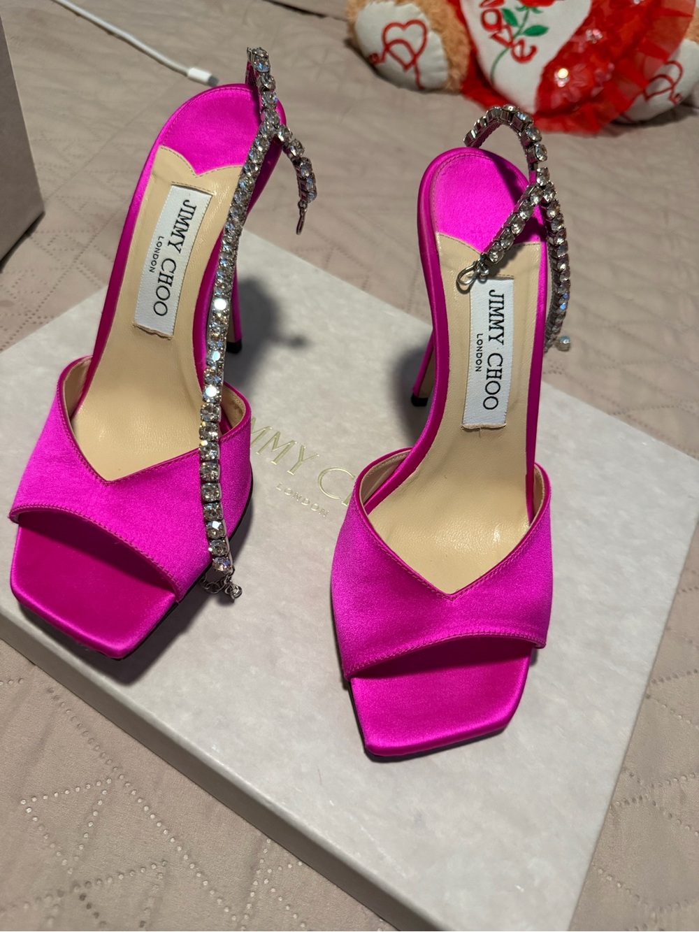Jimmy Choo Hot Pink Satin Crystal-Strap Stiletto Sandals AUTHENTIC